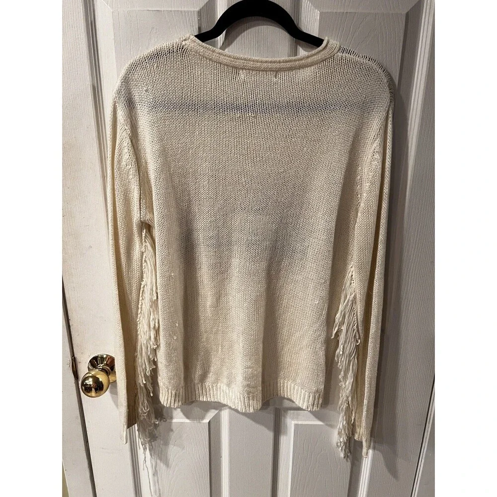 Boutique REHAB Lips Pullover SWEATER Womens SZ M Ivory Fringe Sequin grunge edgy